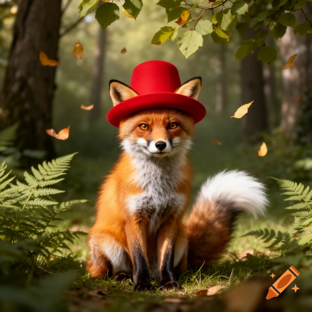 A photorealistic red fox wearing a red top hat sits among green ferns and fallen leaves in a sunlit forest.