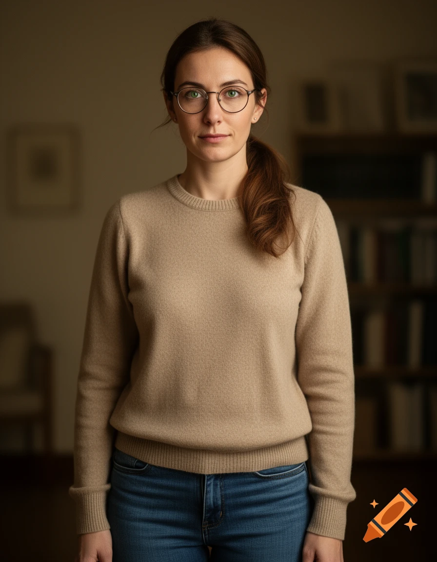 A photorealistic portrait of a woman with brown hair in a ponytail, wearing glasses, a beige sweater, and blue jeans, looking calmly at the camera.