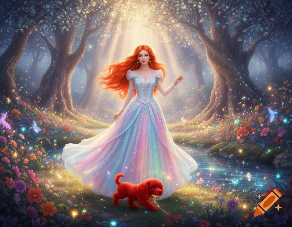 A red-haired princess in a shimmering rainbow gown walks through a magical, glowing forest with a red puppy, bathed in sunlight.