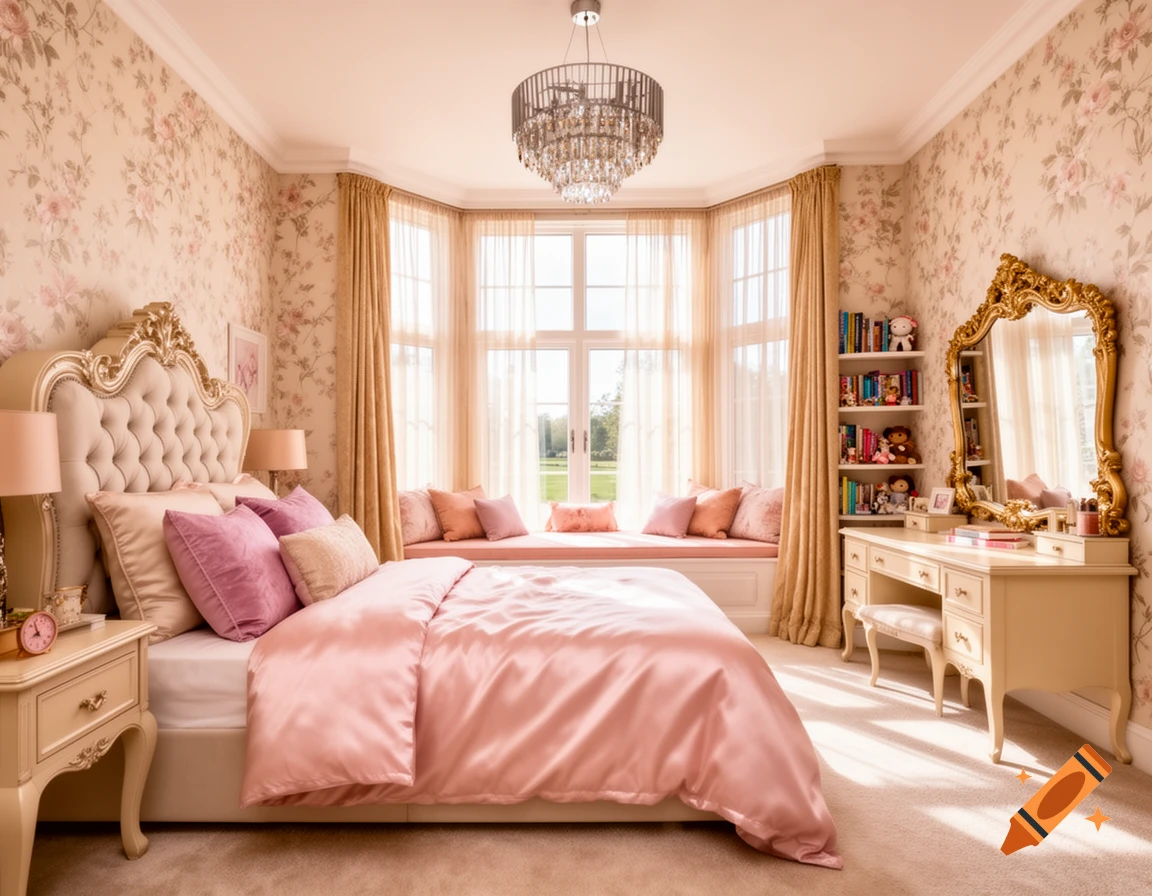 A luxurious photorealistic bedroom with pink and gold decor, a tufted bed, floral wallpaper, and a bay window seat.