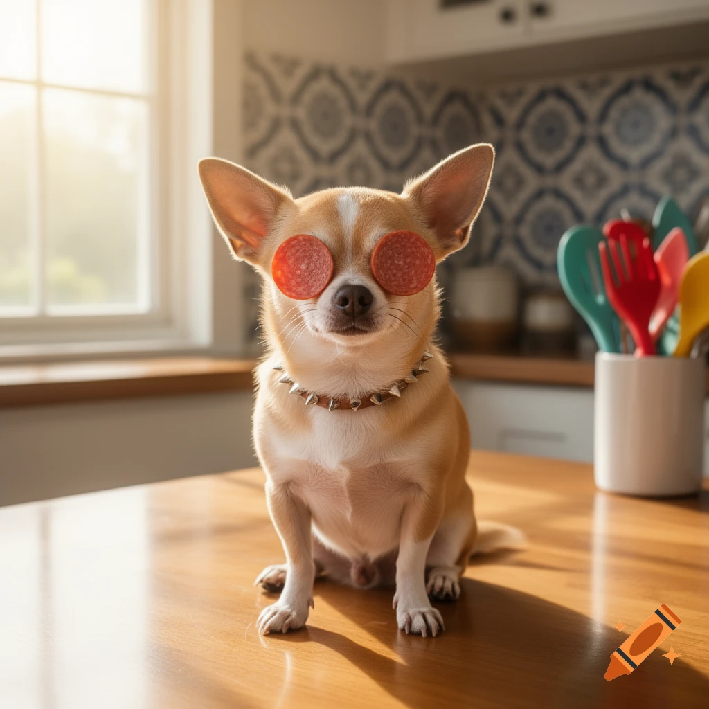 A photorealistic chihuahua with pepperoni slices covering its eyes sits on a kitchen table, wearing a spiked collar.