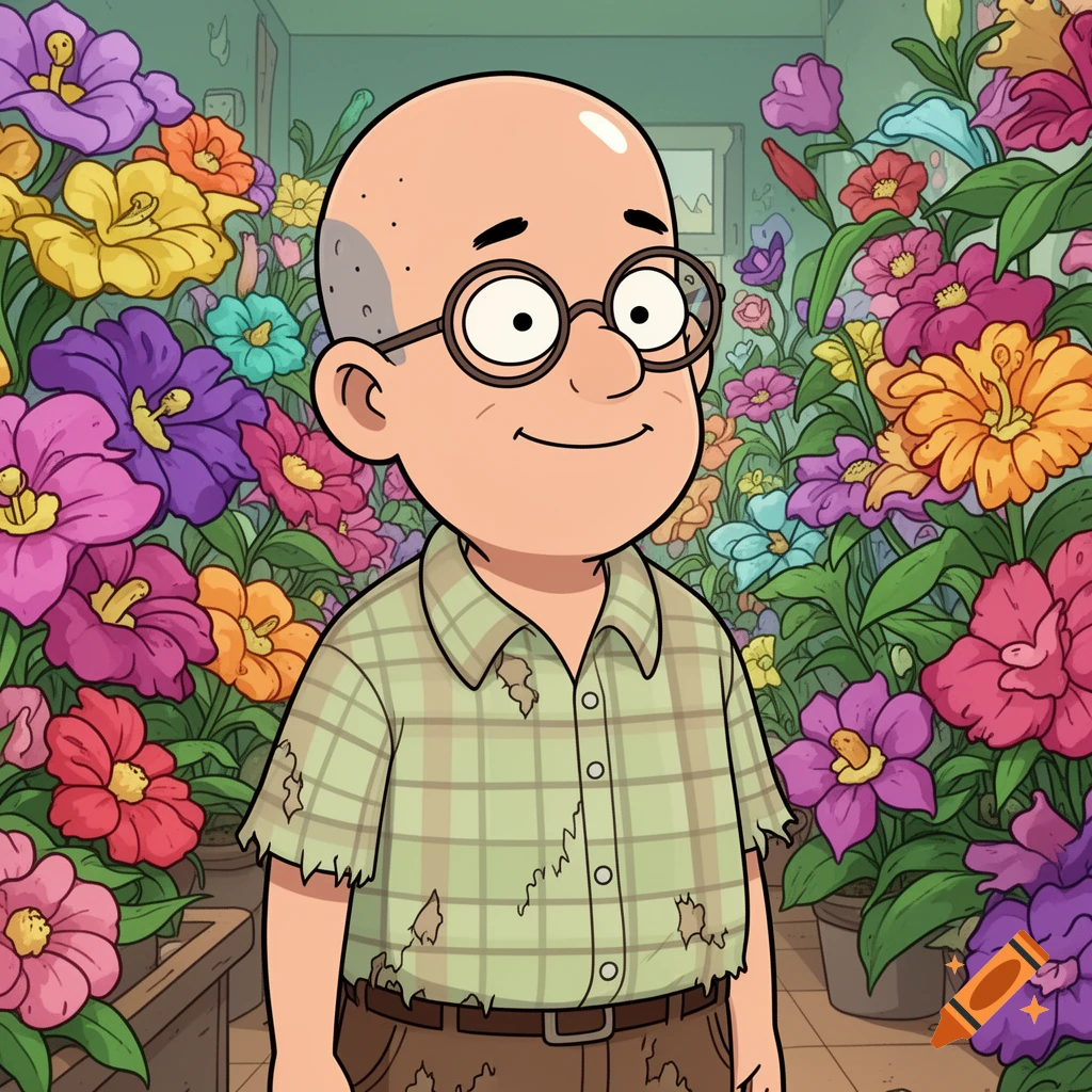 A bald, bespectacled cartoon man with a plaid shirt smiles in a flower shop, surrounded by colorful blossoms.