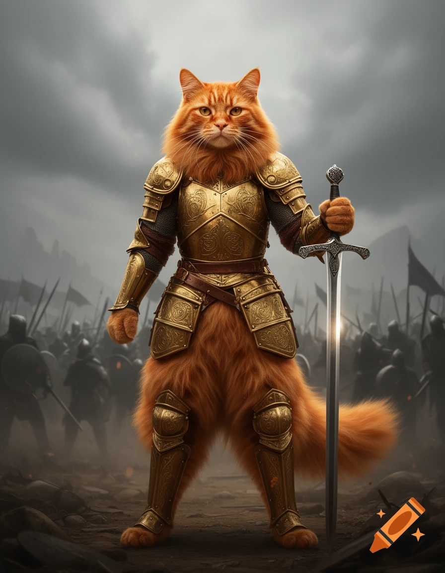 A photorealistic ginger cat knight in golden armor holds a long sword, with an army gathered on a cloudy battlefield.