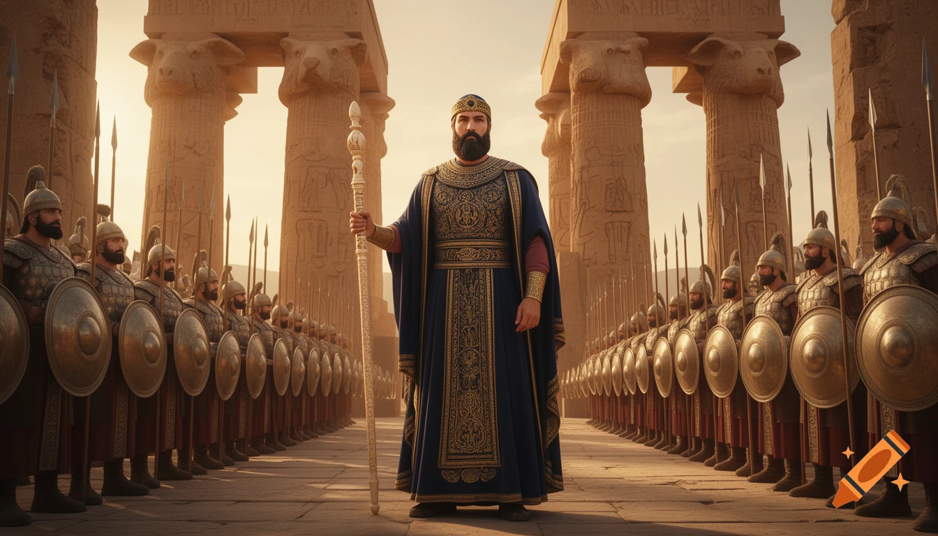 Darius the Great stands proudly with a staff before rows of Achaemenid soldiers and massive stone columns at the Gate of All Nations in a cinematic, photorealistic style.