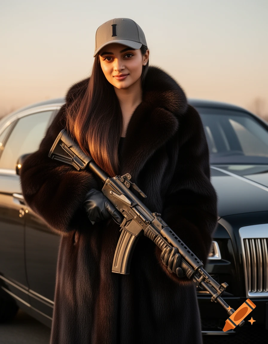 A woman in a fur coat and baseball cap holds an assault rifle in front of a luxury car at sunset.