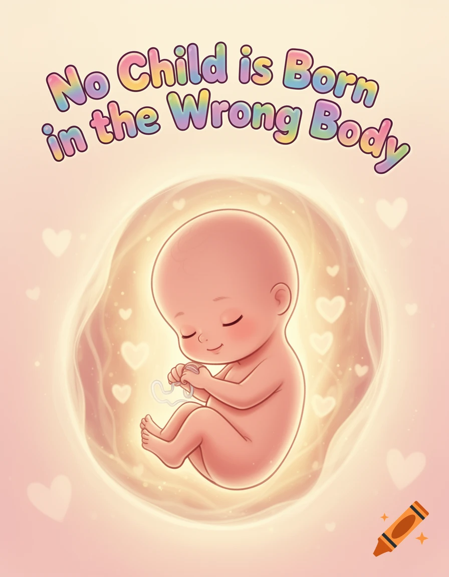 Cartoon illustration of a fetus in a glowing womb, with rainbow text "No Child is Born in the Wrong Body".