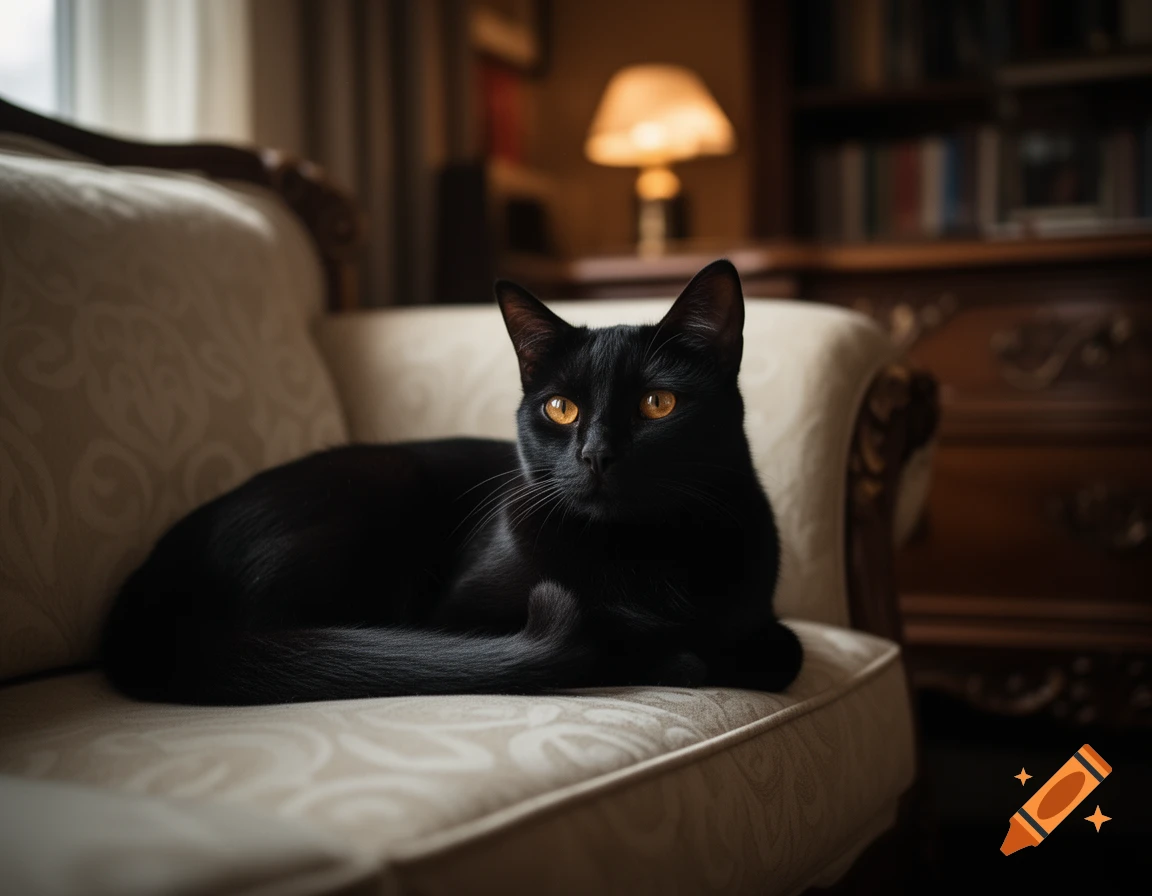 A black cat with bright orange eyes lies curled on a patterned beige couch in a dimly lit room. Photorealistic.