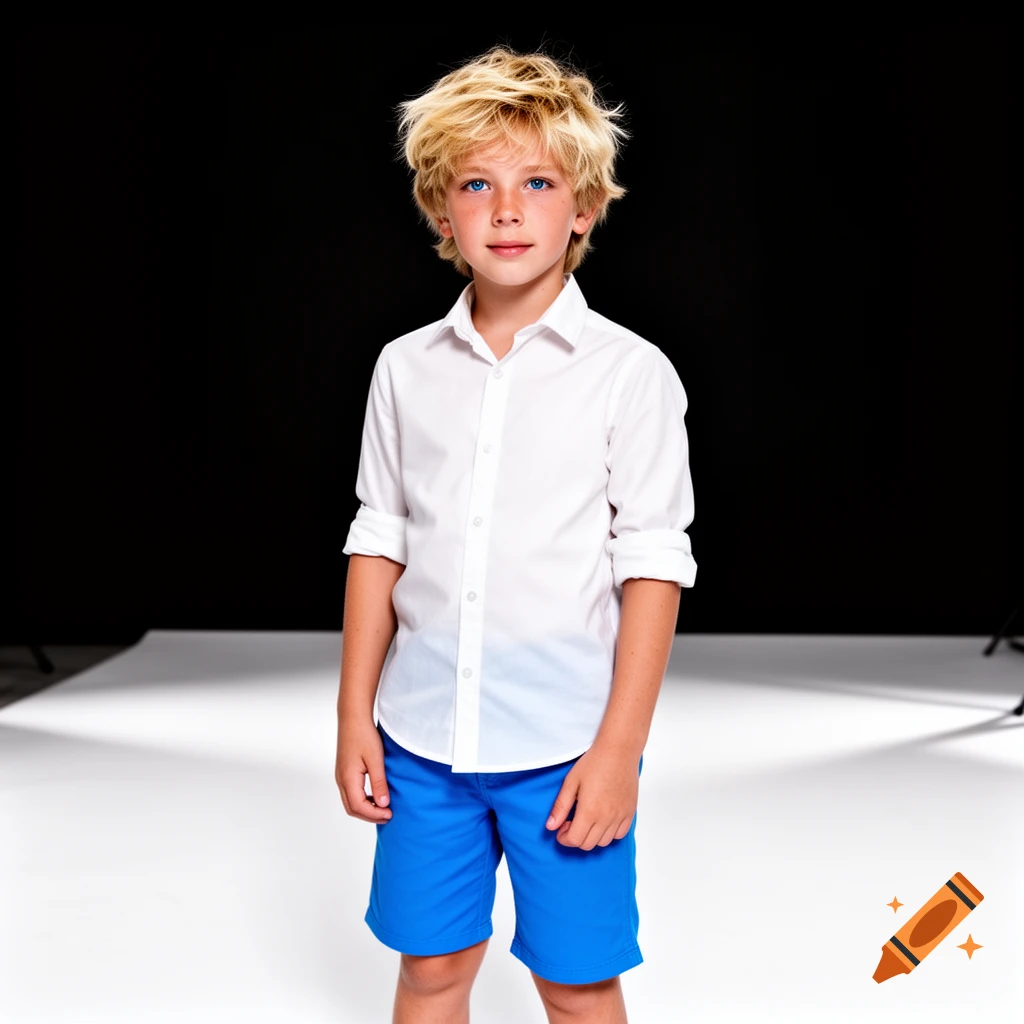 A photorealistic portrait of a young boy with messy blonde hair and blue eyes, wearing a white shirt and blue shorts, standing in a studio with a black background and white floor.
