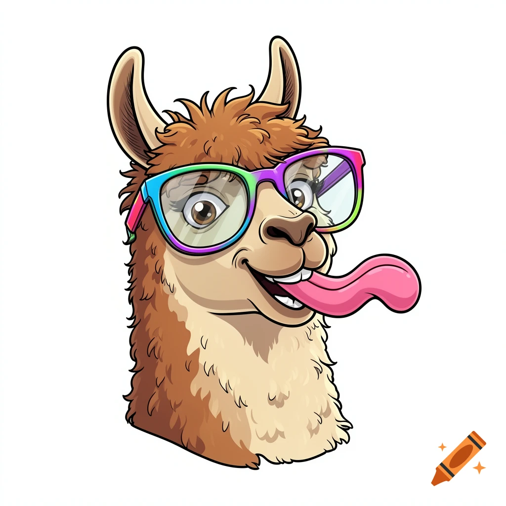 Cartoon llama head with colorful rainbow glasses, smiling with its pink tongue sticking out.