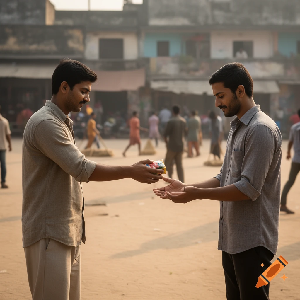 Two men in a dusty outdoor setting, one passing a colorful item to the other.