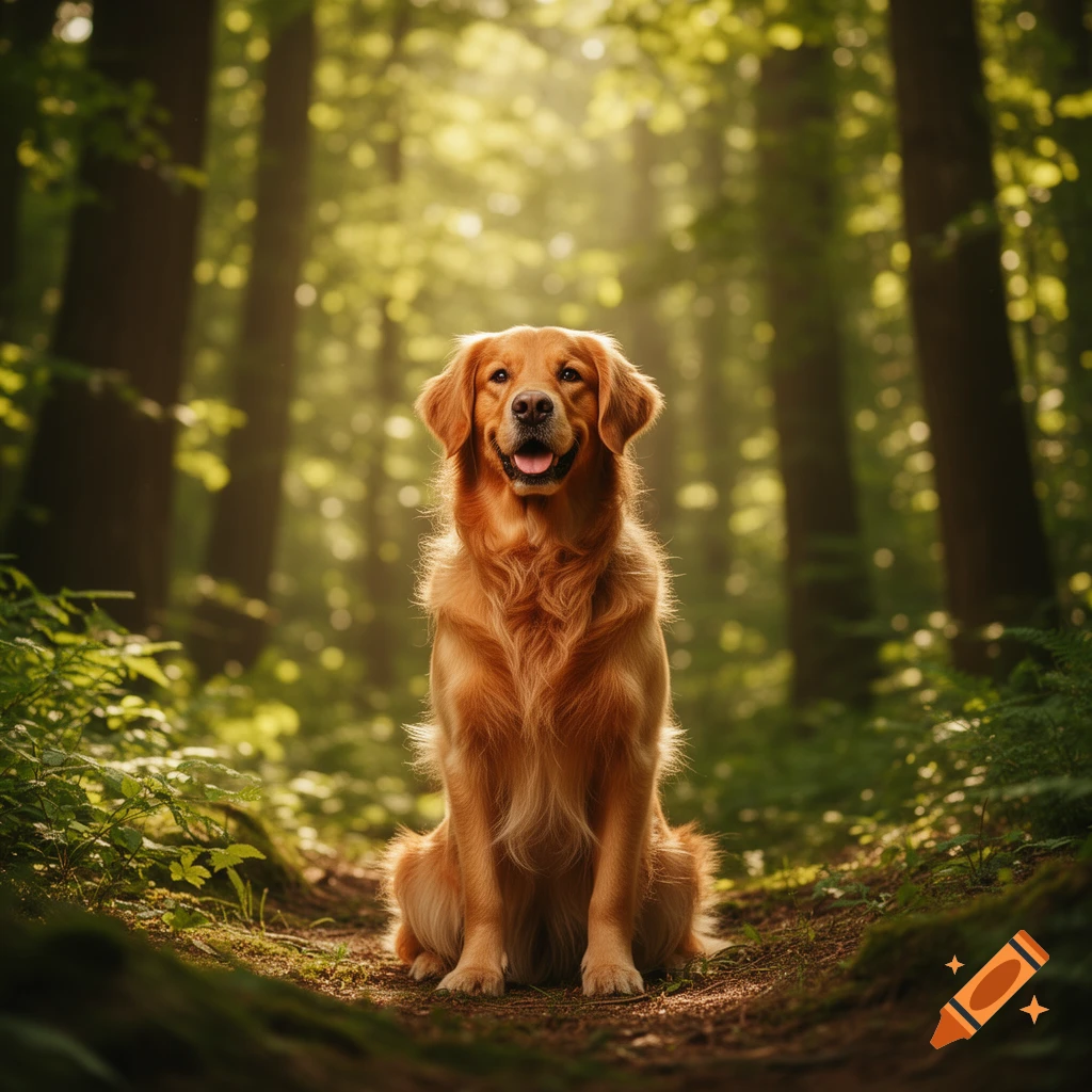 A happy golden retriever sits on a sunlit forest path.