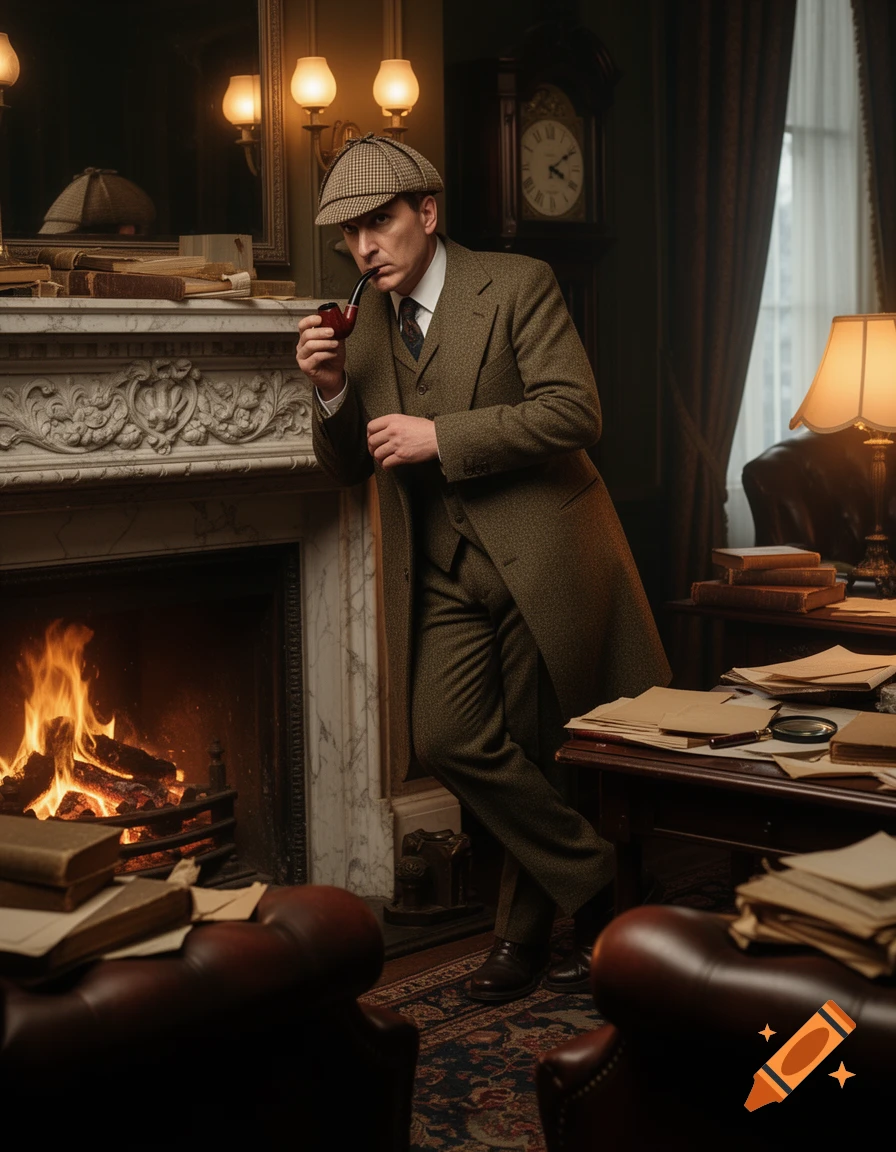 A man resembling Sherlock Holmes in a tweed suit and deerstalker, smoking a pipe by a fireplace in a vintage study.