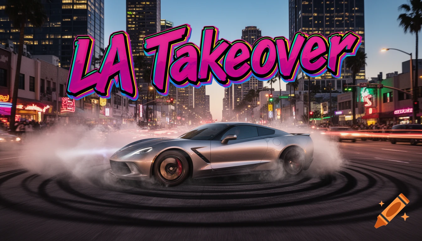 A silver sports car drifts in smoky circles on a city street at dusk, with pink and blue graffiti-style text 'LA Takeover' overhead.