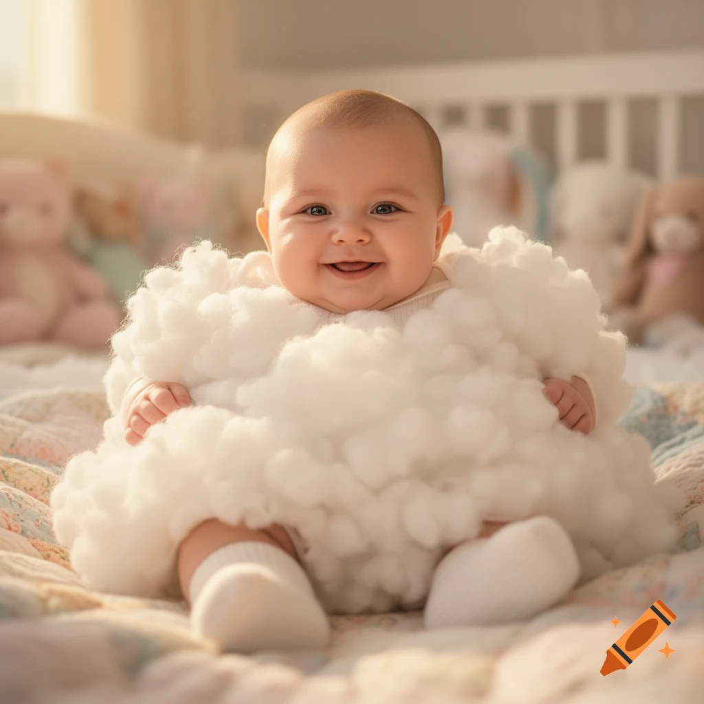 A happy baby smiles while sitting on a quilted blanket, wrapped in soft, white cloud-like material.