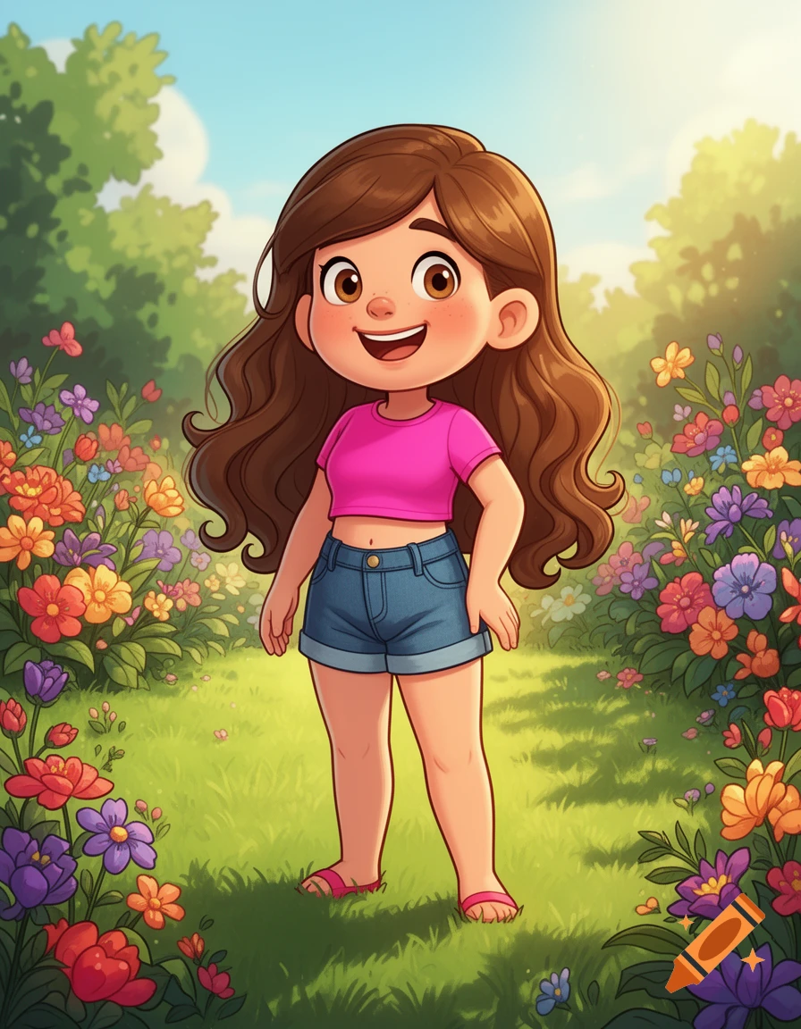A cute cartoon girl with long wavy brown hair, wearing a pink crop top and denim shorts, stands smiling in a vibrant flower garden on a sunny day.