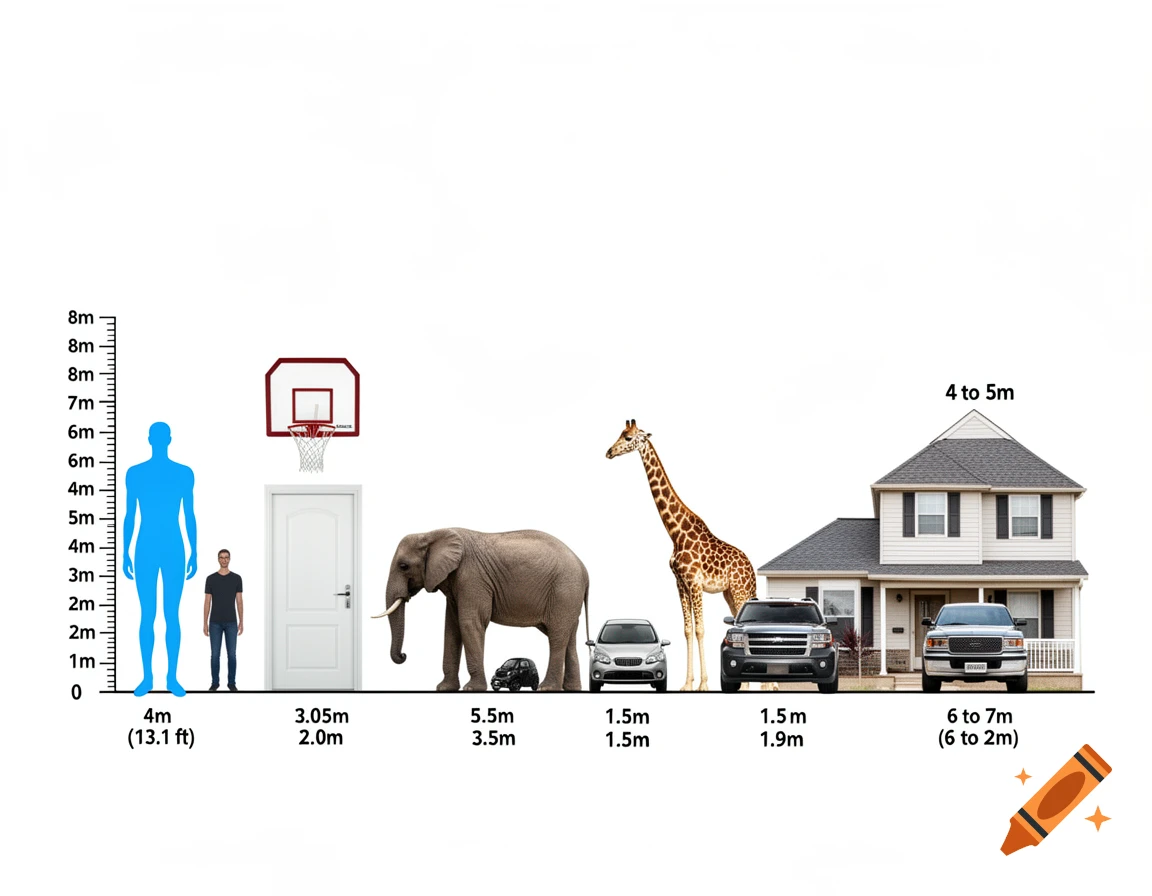 A height comparison infographic showing a giant blue human, average human, doorway, basketball hoop, elephant, giraffe, cars, and houses with a metric ruler on a white background.