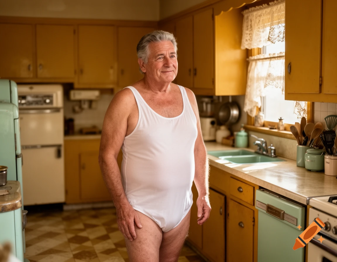 Older man in white briefs and tank top standing in a sunlit retro kitchen.