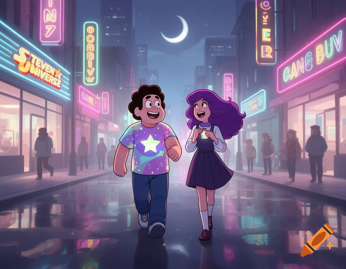 Cartoon characters Steven Universe and Amity Blight walk along a neon-lit city street at night, a crescent moon visible above.