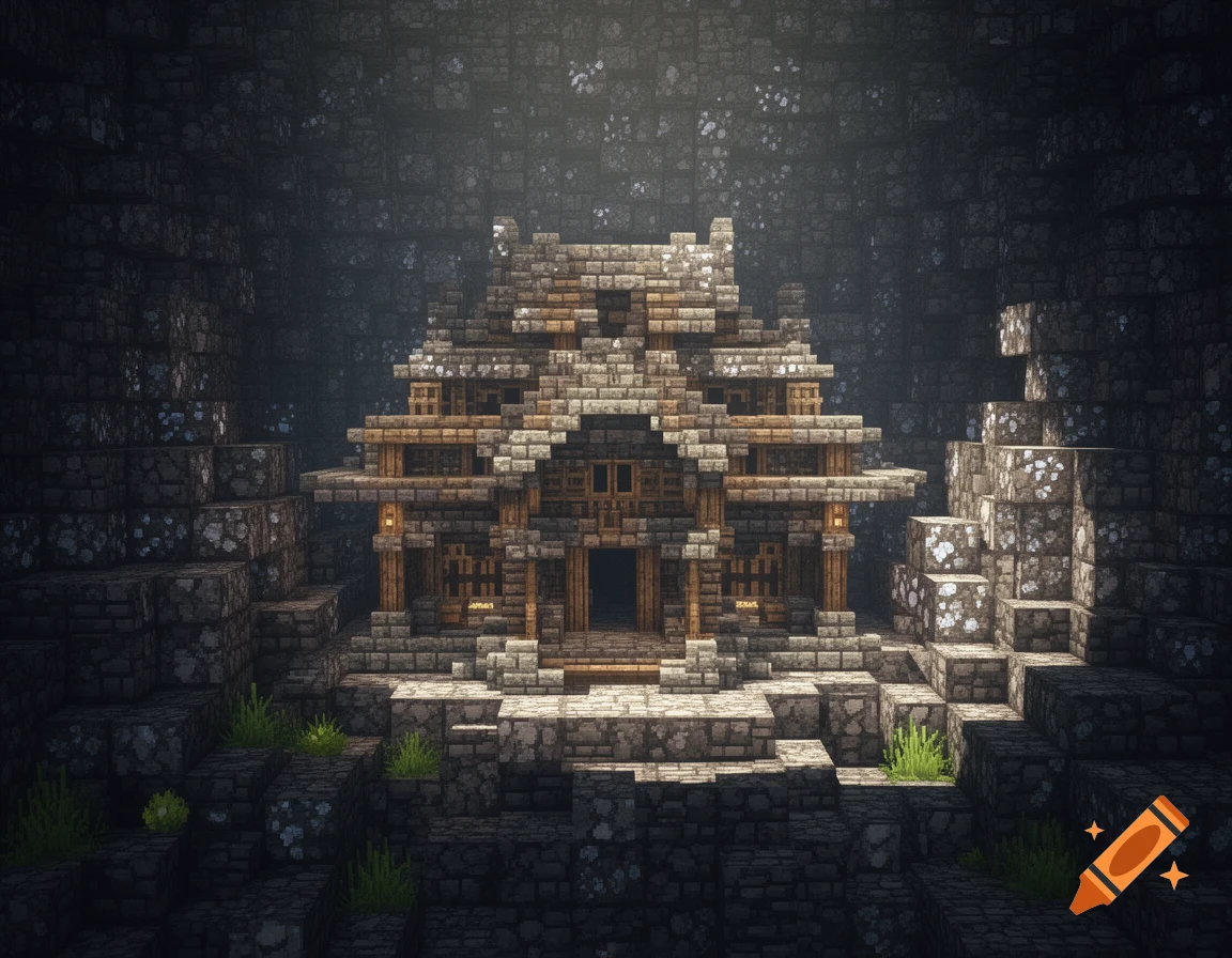 A detailed blocky Minecraft-style stone and wood building in a dark underground cavern with illuminated mossy rocks.