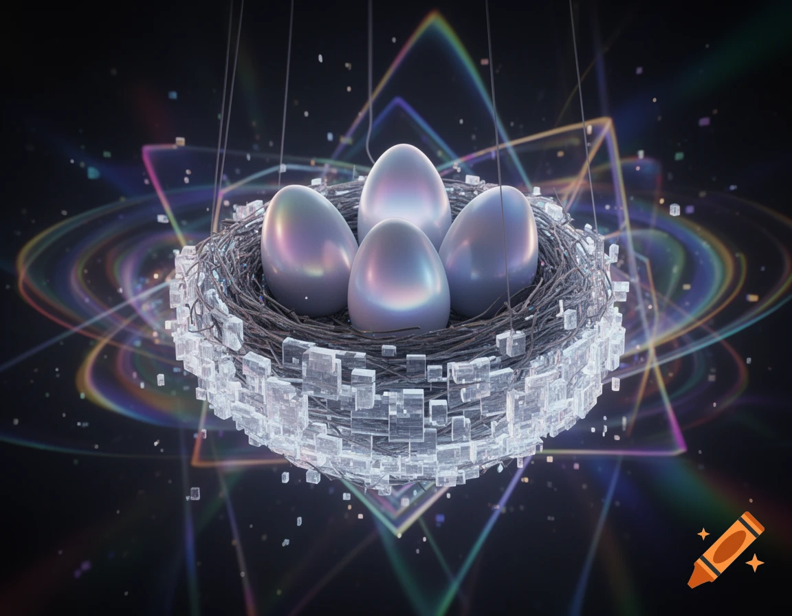 A hyper-detailed 3D digital art render of a futuristic bird nest made of glowing pixel blocks with smooth, glossy eggs.
