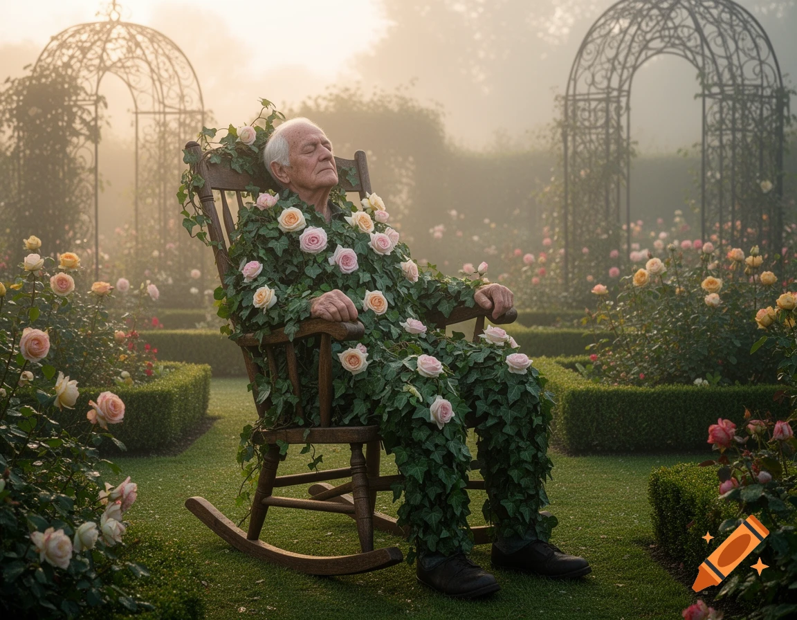 Old man covered in ivy and roses sleeps in a rocking chair in a misty English garden at dawn.