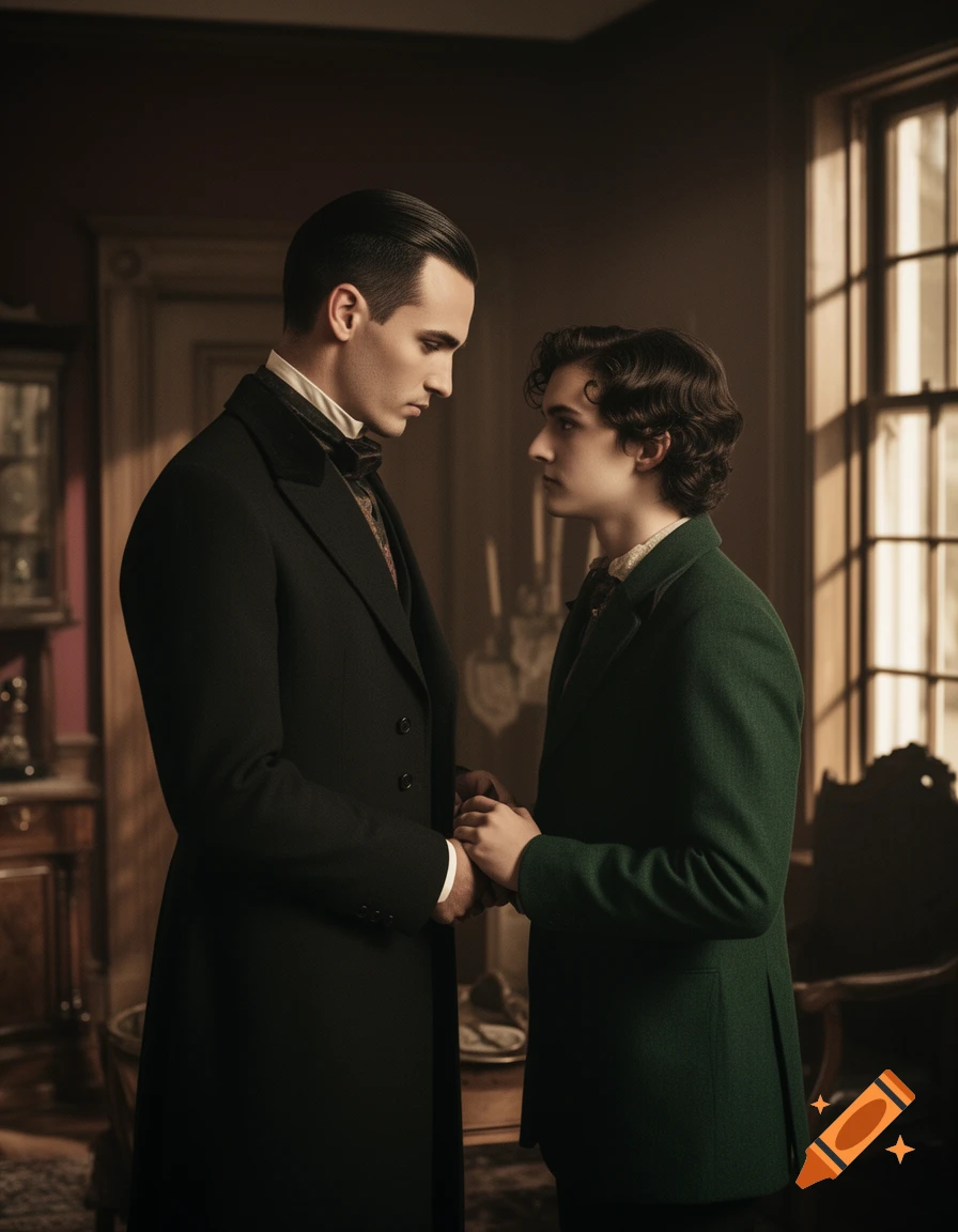 Two men in historical attire hold hands and gaze at each other in a dimly lit, old-fashioned room, depicting a romantic Southern Gothic scene.