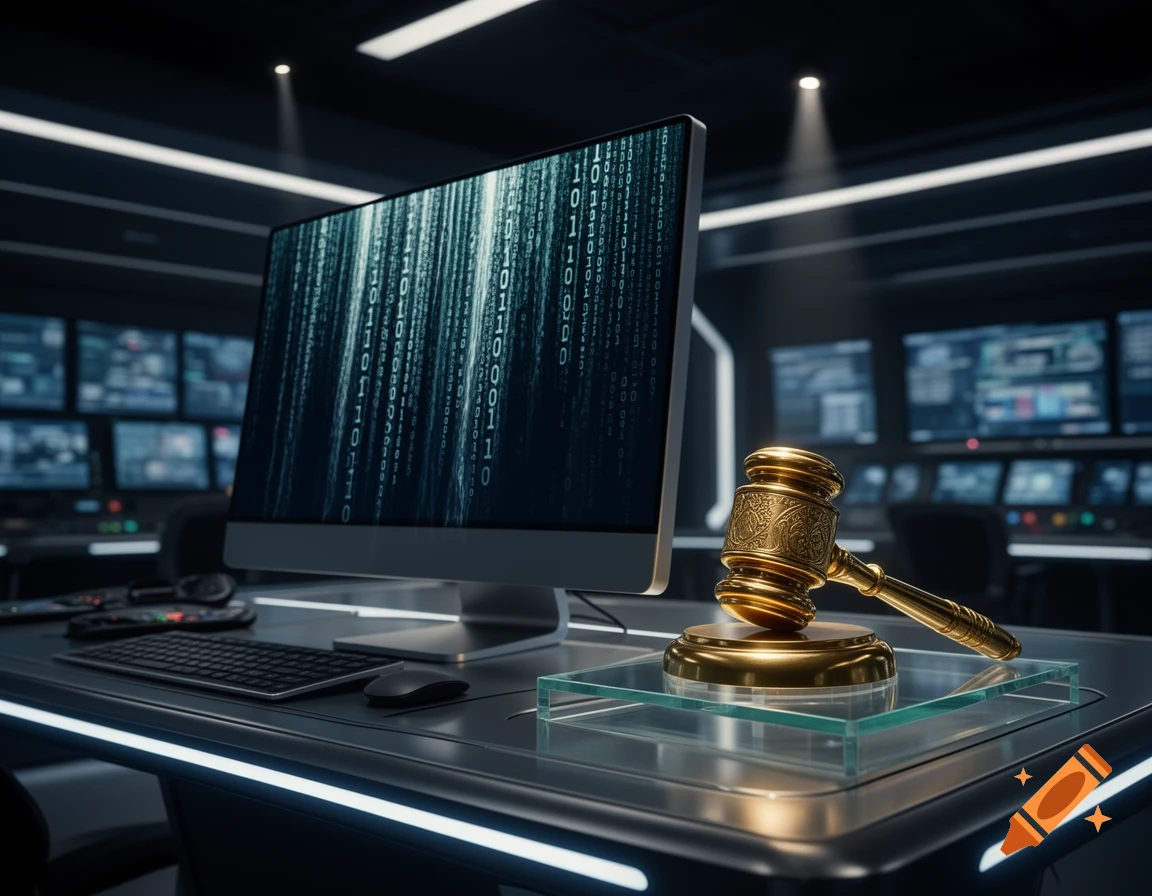 A futuristic control room with a monitor displaying binary code and a golden judge's gavel on a glass stand.