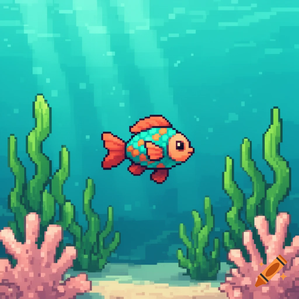A colorful pixel art fish swims in a blue ocean among green seaweed and pink coral.