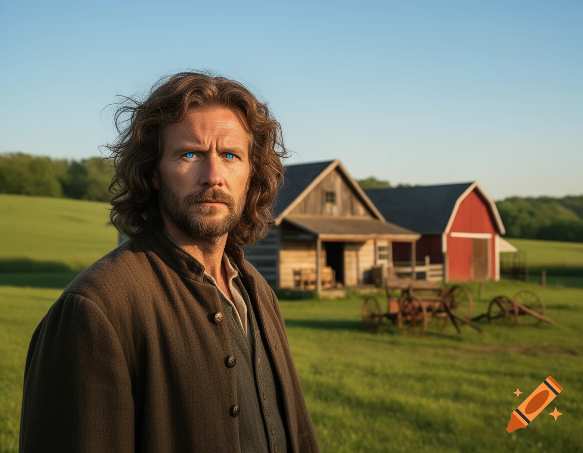 A man with long brown hair and bright blue eyes, wearing a brown coat, stands in a green field with a wooden farm and red barn in the background.