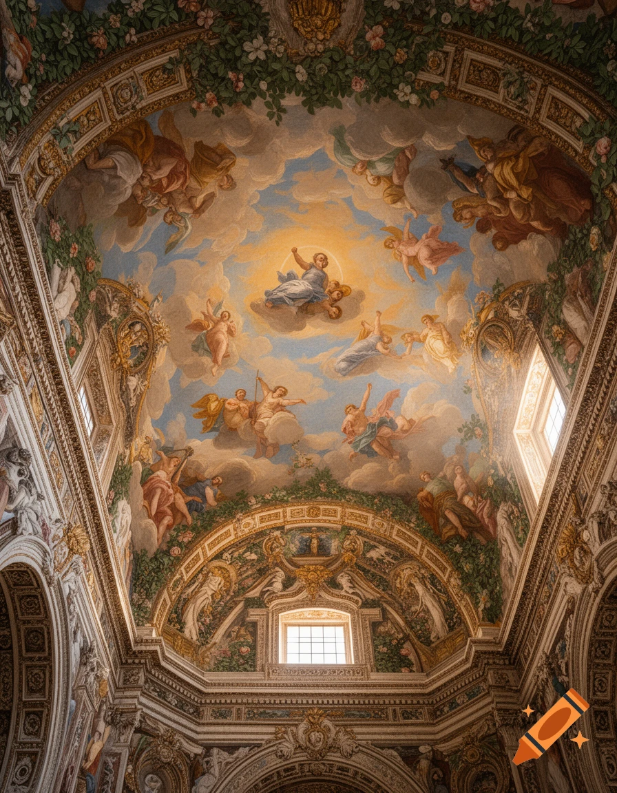 Ornate fresco ceiling in a church, featuring angels and a divine figure surrounded by clouds and elaborate gold and floral details.