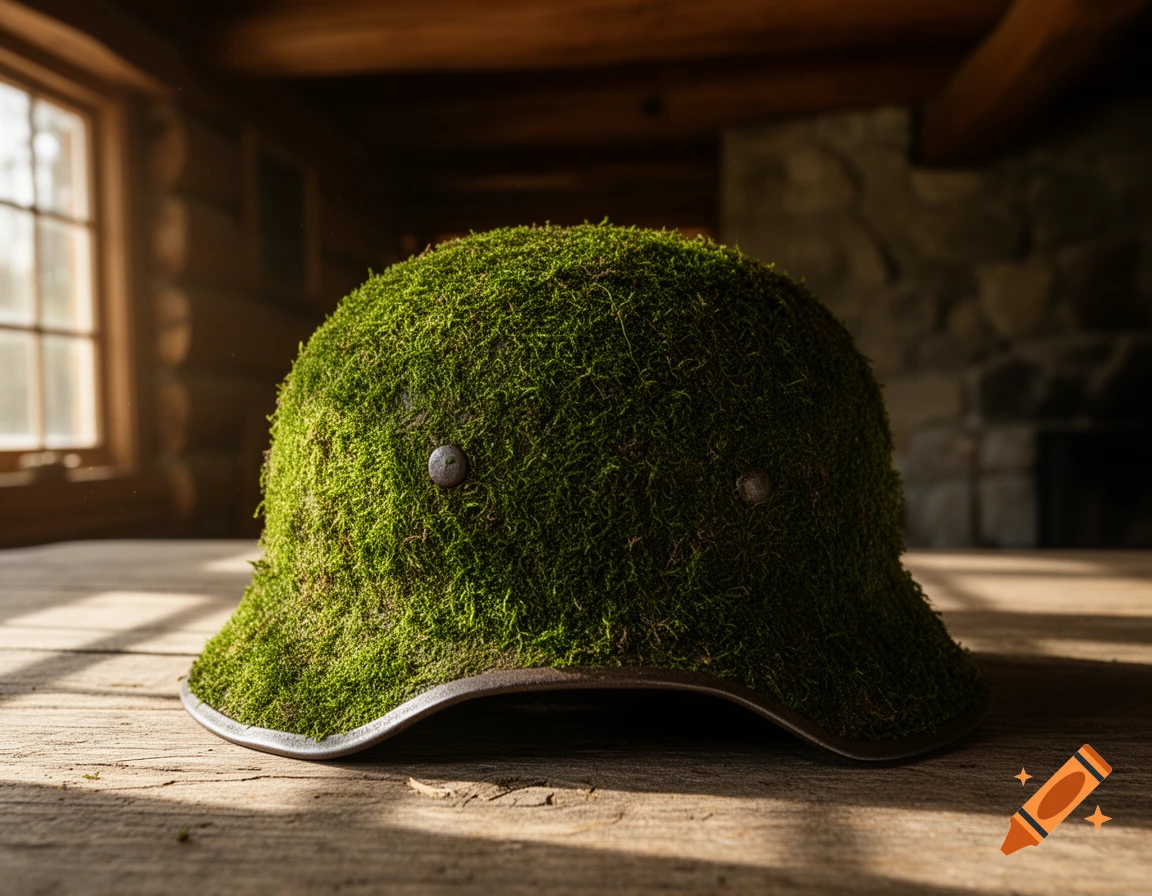 Photorealistic image of a moss-covered Stahlhelm helmet resting on a wooden table, illuminated by sunlight from a nearby window.