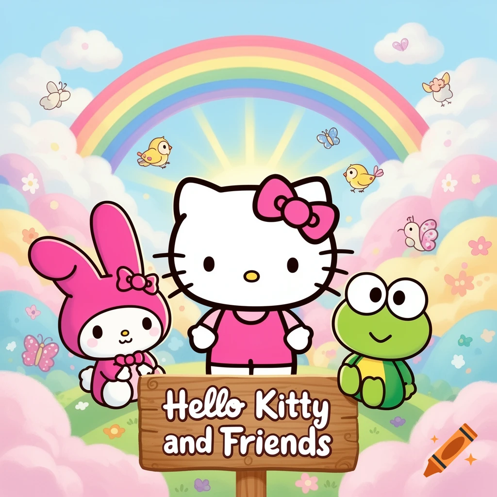Hello Kitty, My Melody, and Keroppi stand on a hill with a rainbow above, a sign reads 'Hello Kitty and Friends'. Cartoon style.