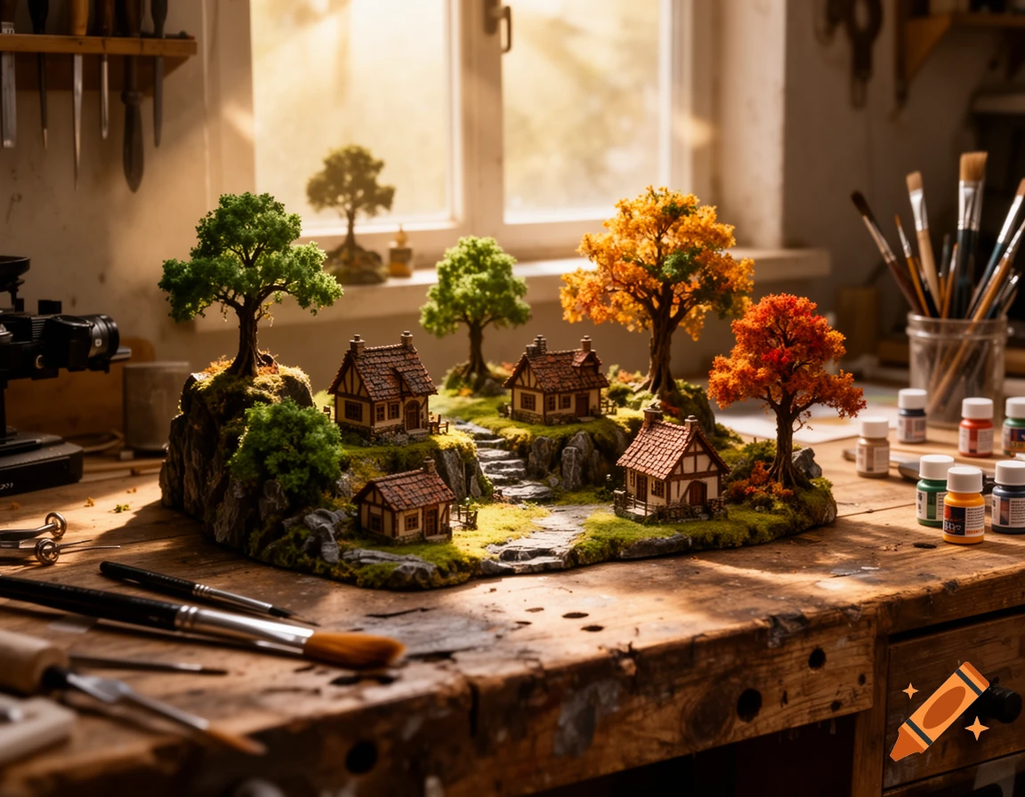 Photorealistic miniature diorama of a village with houses and trees, including autumn colors, on a wooden workbench with craft supplies.