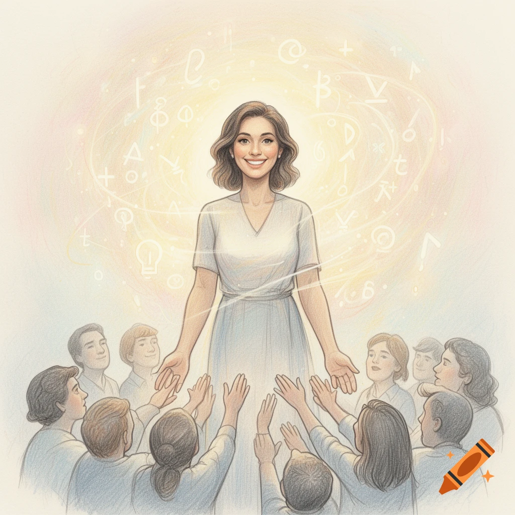 A stylized drawing of a smiling woman in a light dress, surrounded by glowing abstract symbols and people reaching up to her.