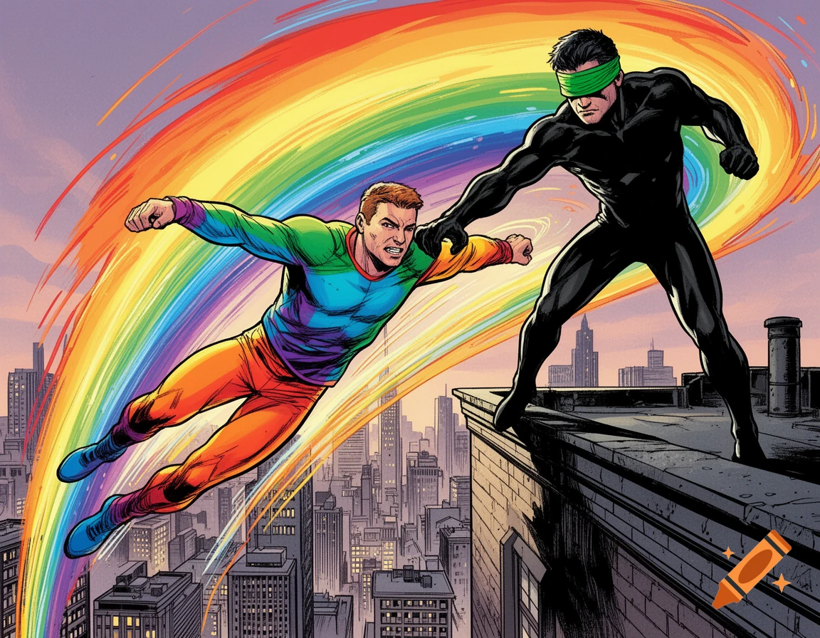 Comic art of a rainbow-clad superhero falling from a skyscraper, pushed by a blindfolded black-suited hero, over a city at sunset.