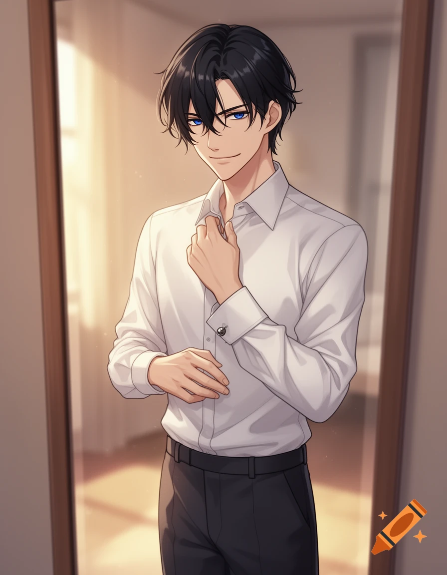 An anime man with black hair and blue eyes adjusts the collar of his white dress shirt, looking directly at the viewer.