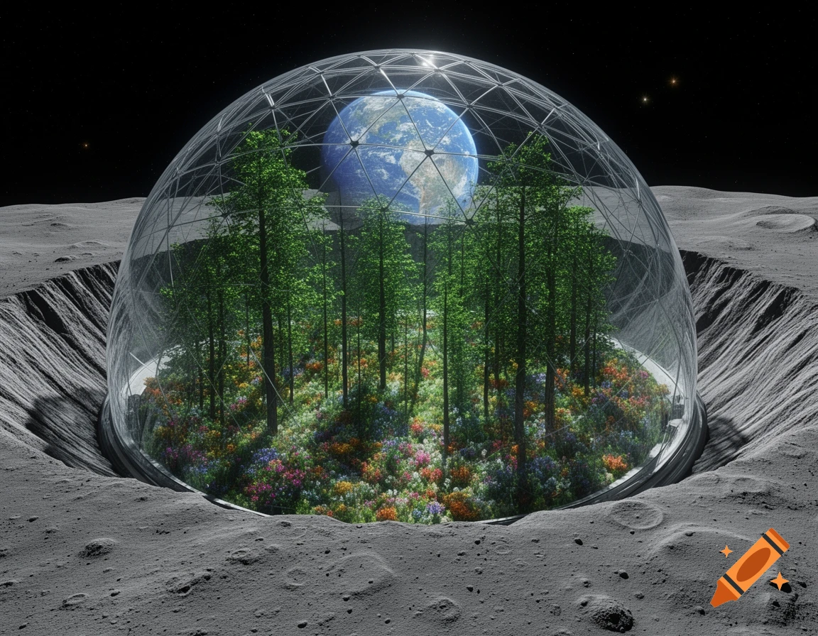 A photorealistic glass dome containing a lush forest and colorful flowers in a moon crater, with Earth visible in the background.