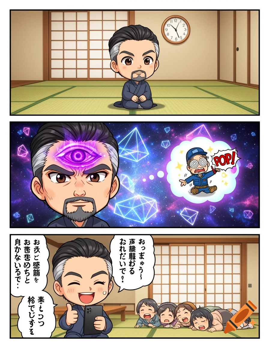 A 3-panel manga comic. A chibi man meditates, then gains a third eye in a cosmic scene, and finally smiles while giving a thumbs up to his laughing family.