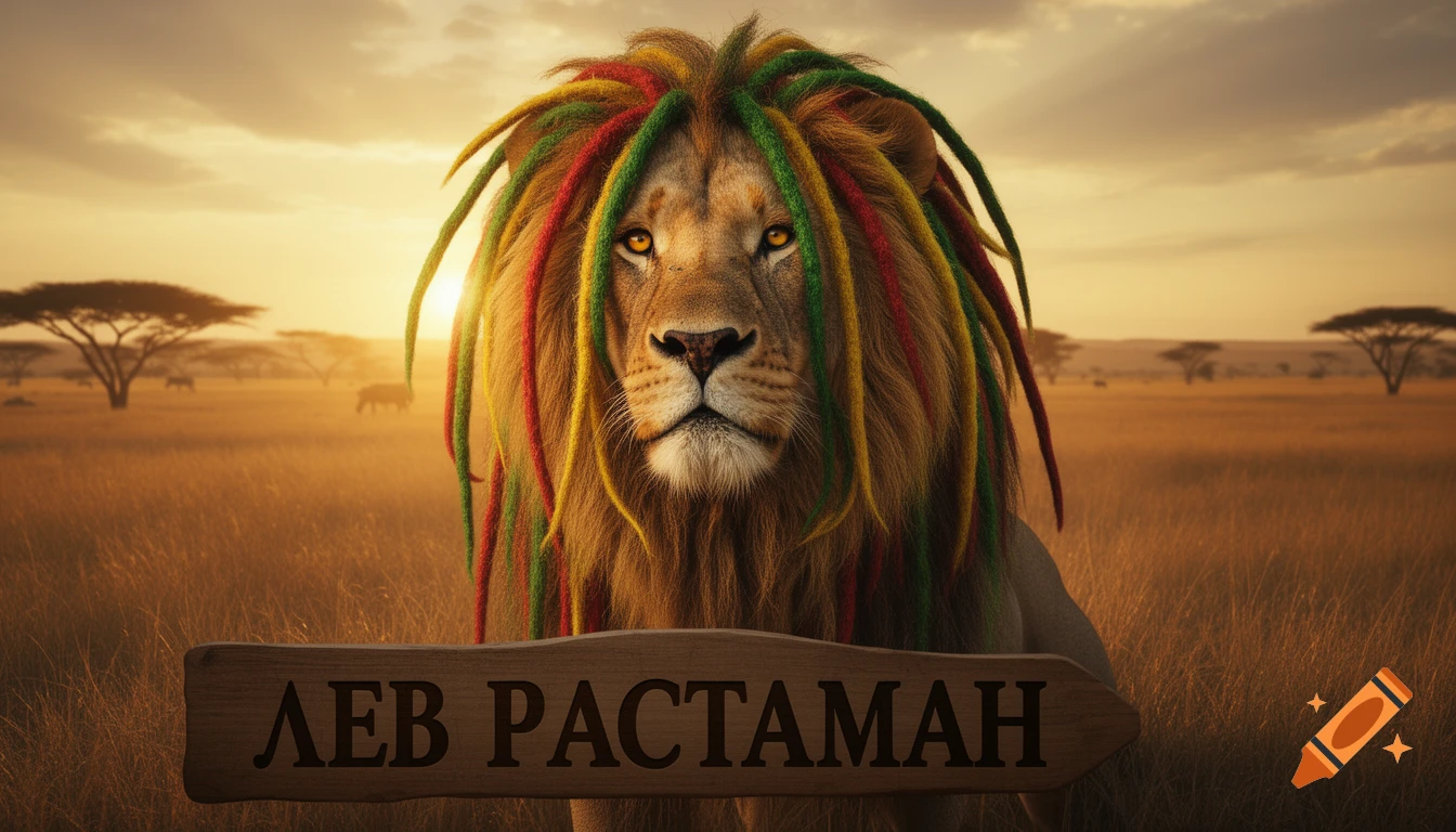 A majestic lion with red, green, and yellow dreadlocks stands in a golden savanna at sunset, with a wooden sign that reads "ЛЕВ РАСТАМАН".