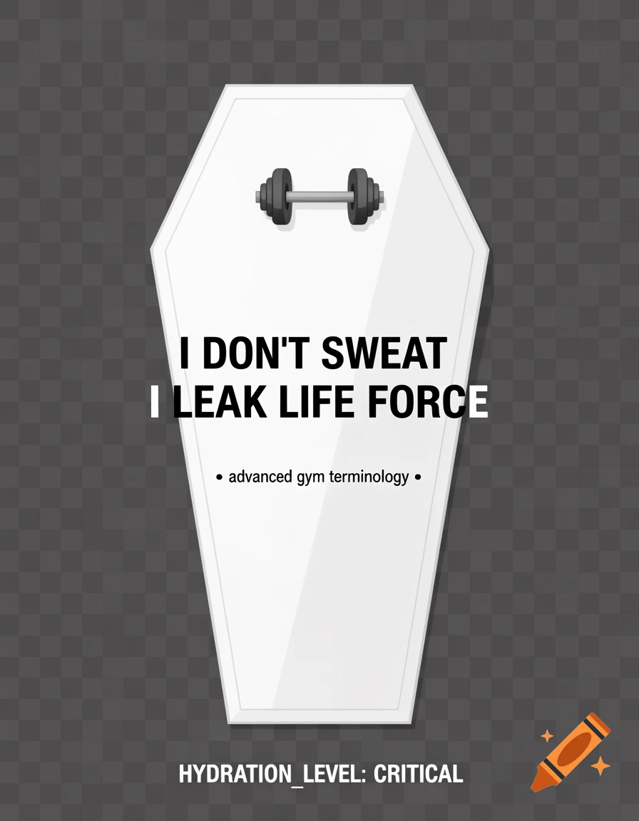 A white coffin shape with a dumbbell at the top, featuring text: 'I DON'T SWEAT I LEAK LIFE FORCE • advanced gym terminology • HYDRATION_LEVEL: CRITICAL' on a transparent background in a minimalist vector style.