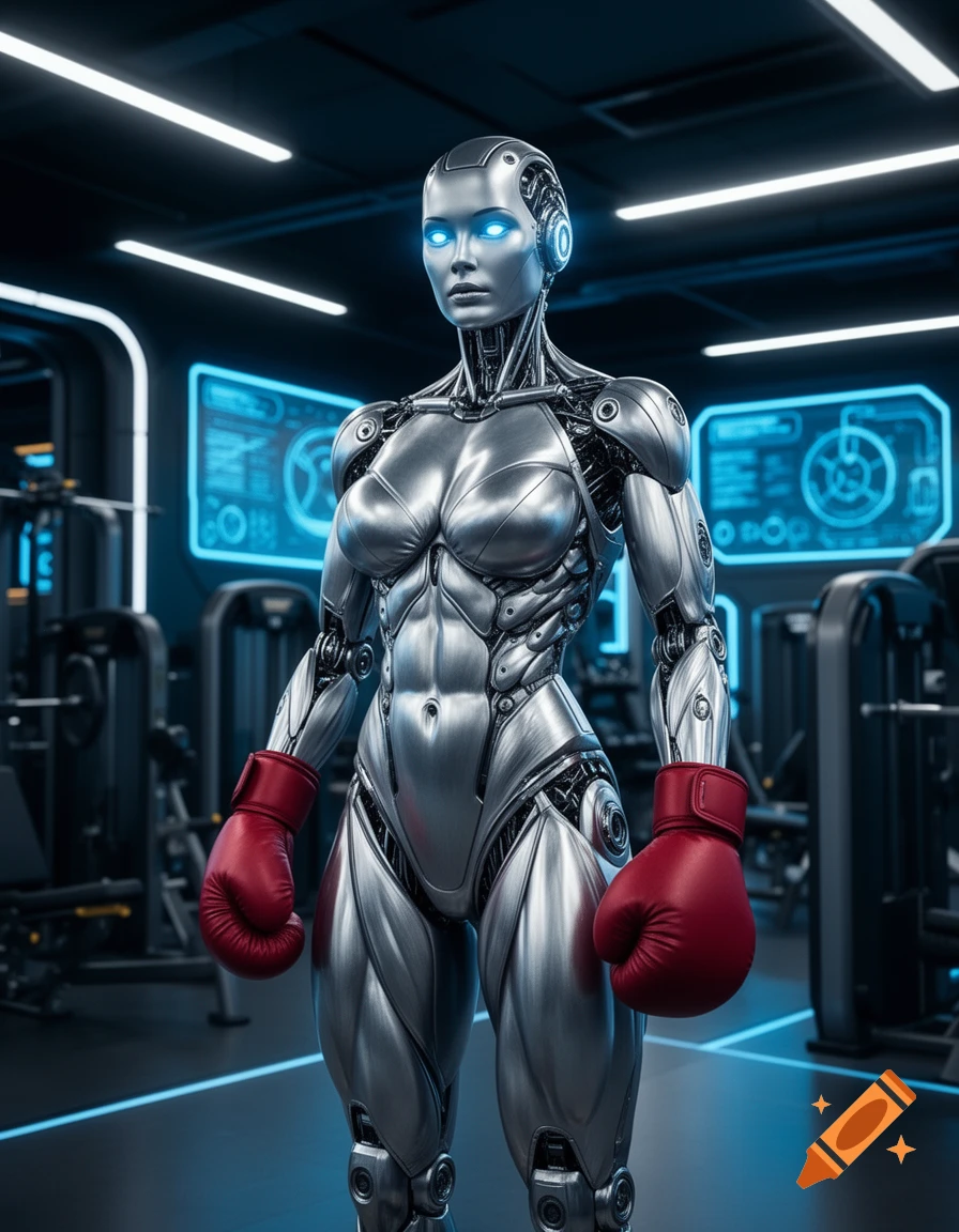 A muscular silver female robot with glowing blue eyes wears red boxing gloves, standing in a futuristic gym.
