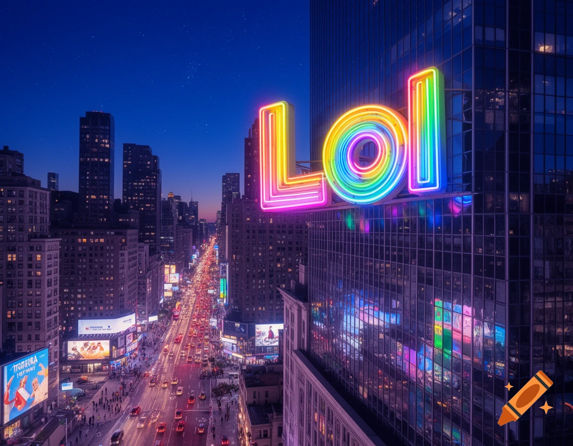 A vibrant cityscape at dusk with a large, colorful neon 'LOL' sign glowing on a skyscraper above a busy street.