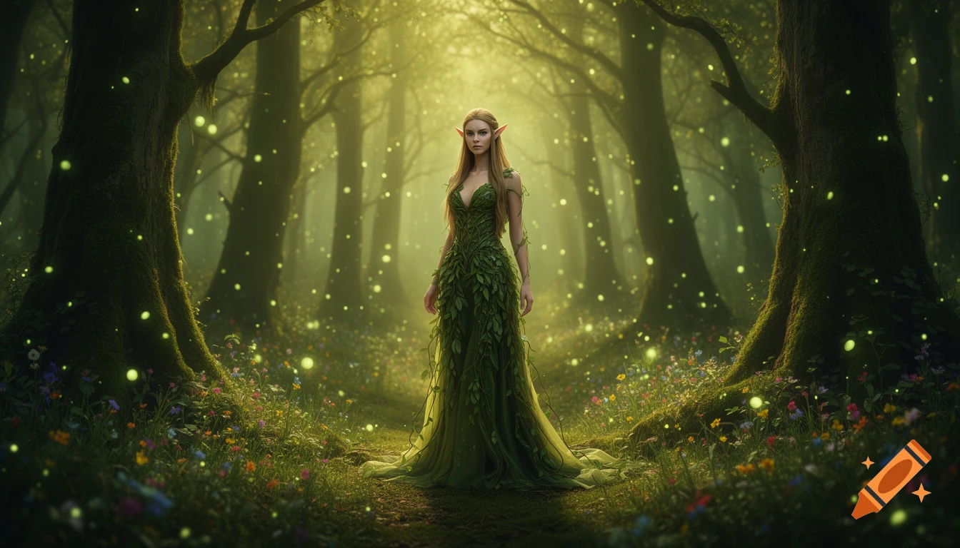 An elf in a leaf dress stands in a magical forest, illuminated by sunbeams and glowing fireflies among mossy trees and wildflowers.