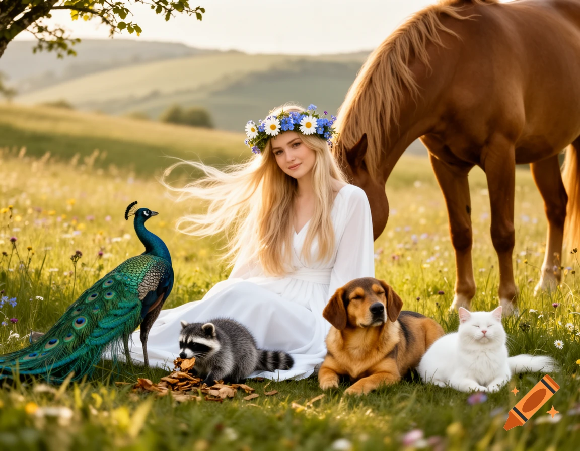 A young woman in a white dress and flower wreath sits in a sunlit field, surrounded by a peacock, raccoon, dog, cat, and horse.