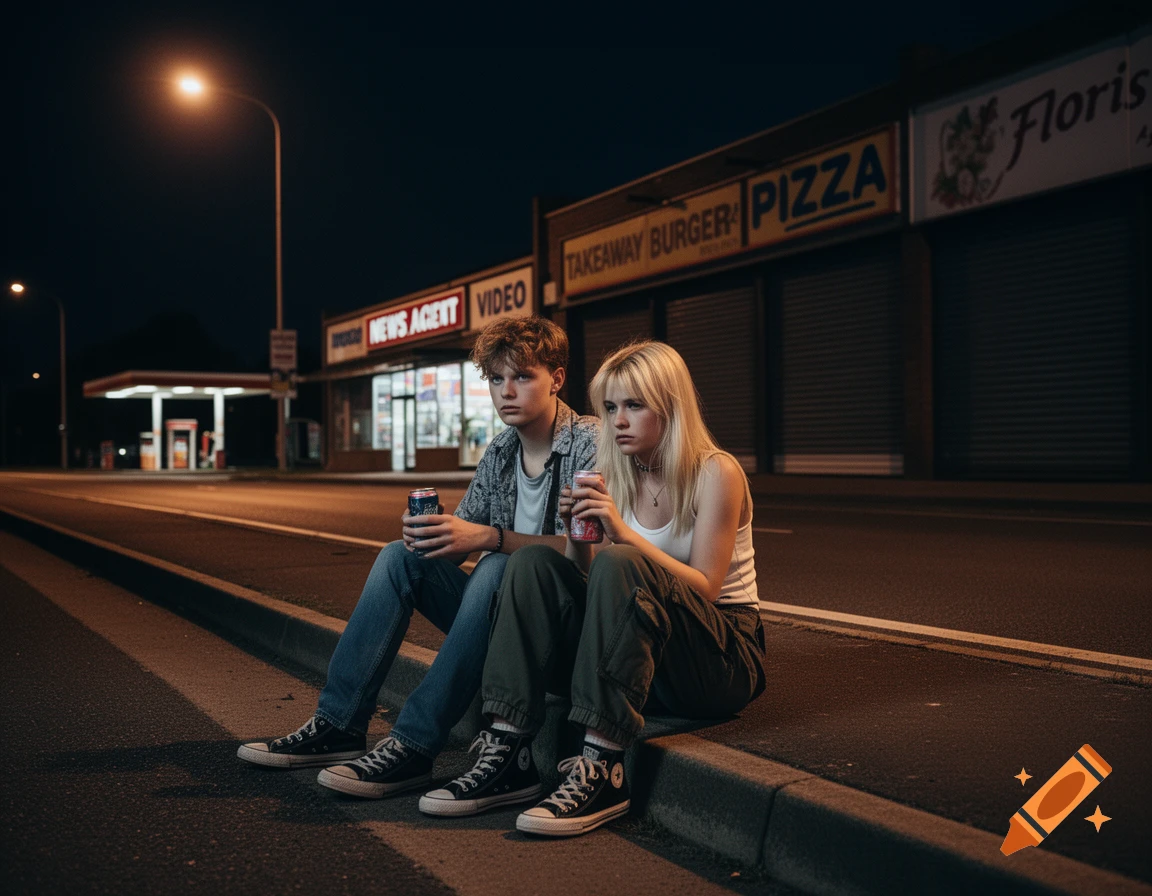 Two sad teenagers sit on a curb at night, holding drinks, with closed shops and a petrol station in the background. Photorealistic style.