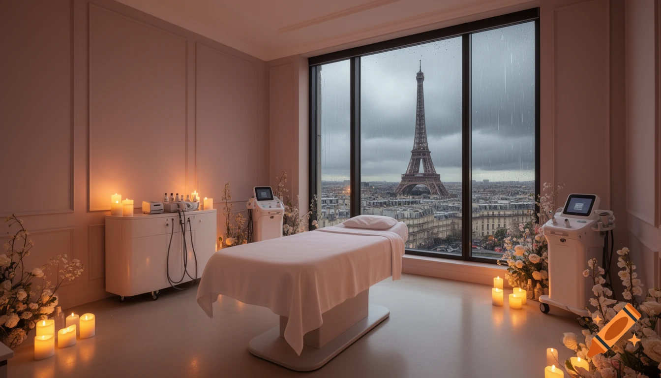 A luxurious spa treatment room with a bed, modern skincare equipment, glowing candles, and flowers, overlooking the Eiffel Tower on a rainy day.