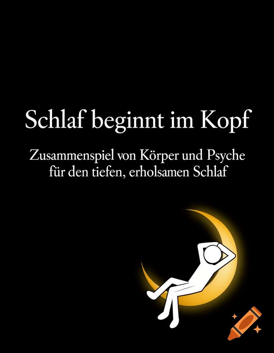 Minimalist illustration of a white stick figure relaxing on a glowing golden crescent moon with German text about sleep.