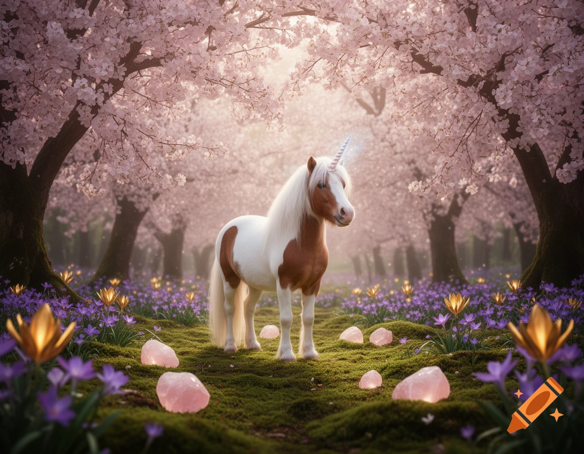 A photorealistic pony unicorn in a magical forest clearing with pink cherry blossoms, purple flowers, and glowing rose quartz.