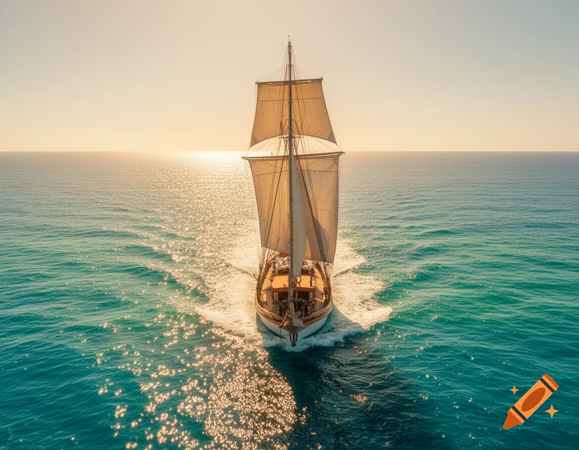 A sailboat with beige sails navigates a sparkling turquoise ocean under a bright, sunny sky.
