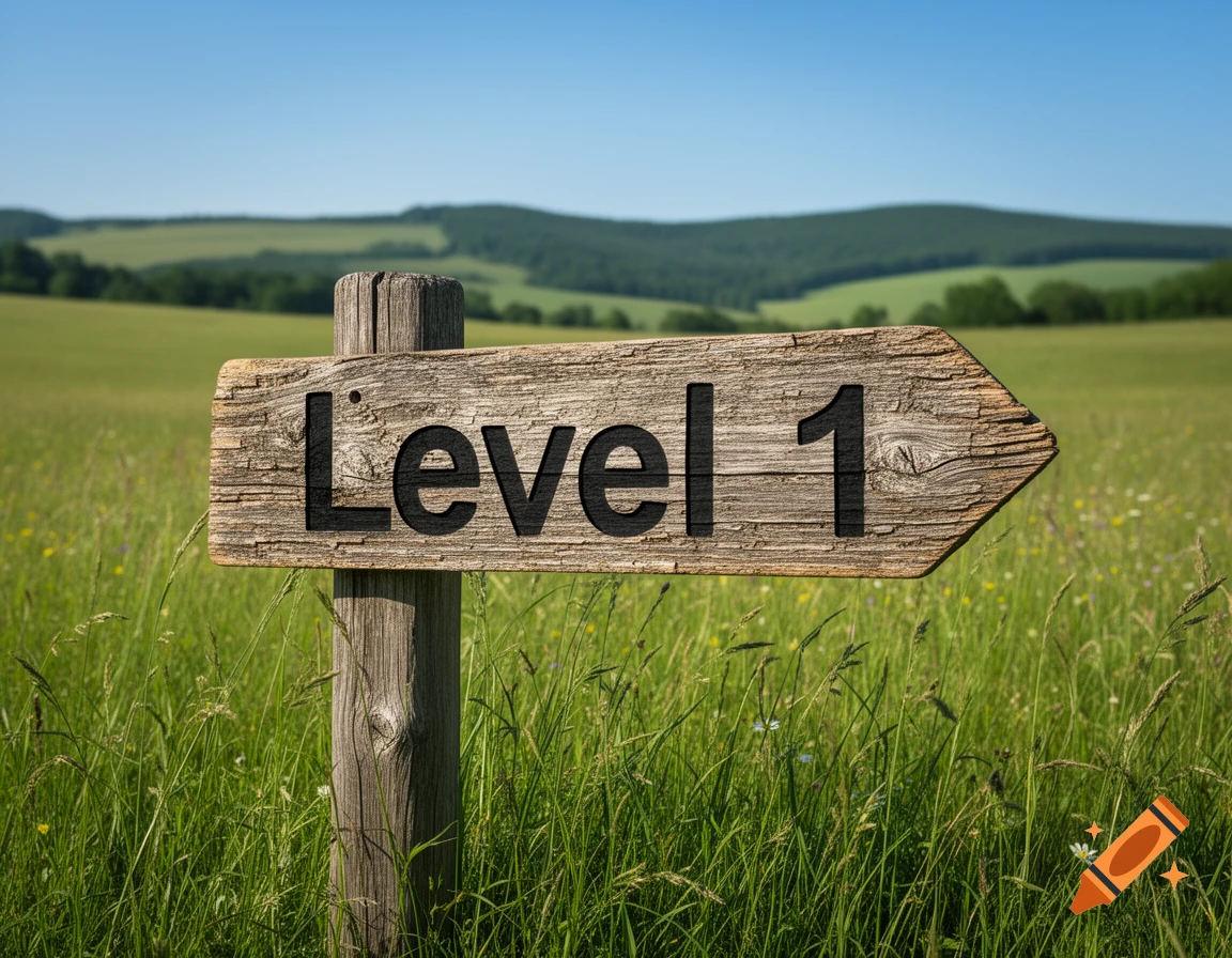 A wooden sign post in a grassy field points right, reading 'Level 1' against a backdrop of rolling green hills under a clear blue sky.